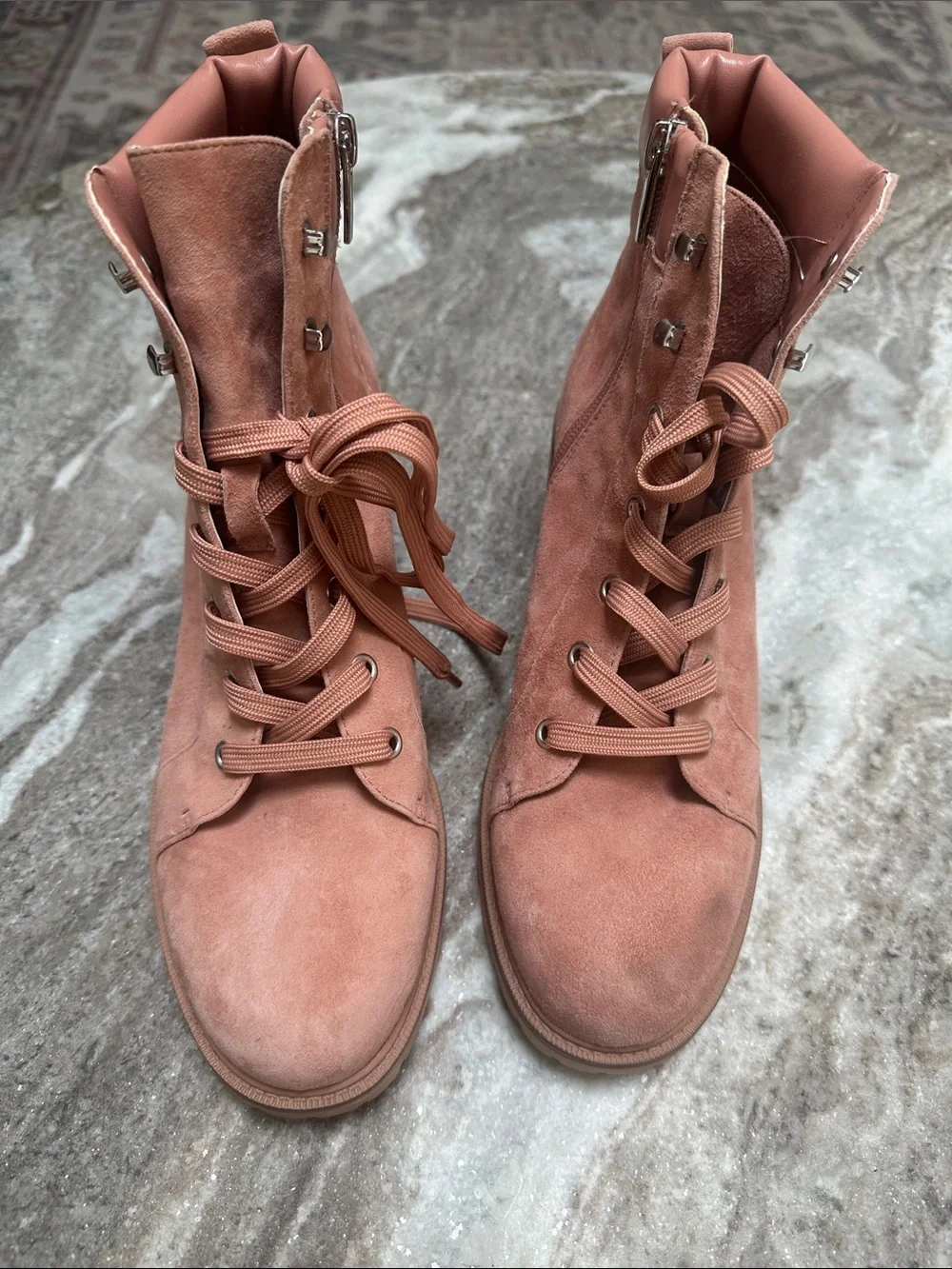 Vince Camuto Leather Suede Lace-Up Ankle Boots Gaviana Dermy Pink Sz 8.5